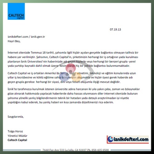 Caltech Capital Yönetici Müdürü Tolga Horoz&#39dan Basın Açıklaması
